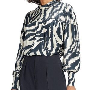 TED BAKER NUURAS BLOUSE HIGH NECK ZEBRA STRIPE IVORY & NAVY BLUE